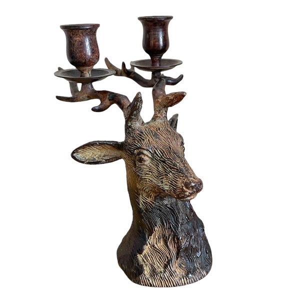 Vintage Deer Head Candle Holder Stag Antlers Metal Votive Decor Rustic Cast Iron
